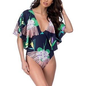 Trina Turk Women's V-Neck Ruffle Sleeve One Piece Swimsuit- Medium